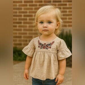 Catherine Malandrino Beige Embroidered Baby Dress Shirt | Size 24M | Boho Style
